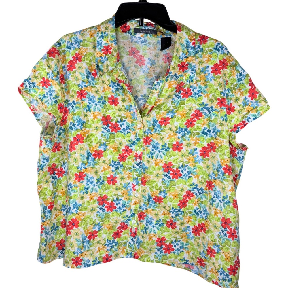 Liz Claiborne 100% Linen Floral Shirt Short Sleeve Camp Collar Blouse XL